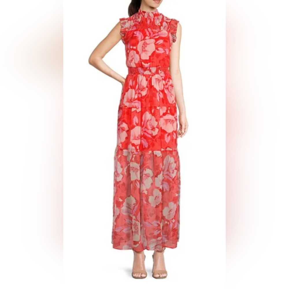 Vince Camuto Sleeveless Mock Neck Floral Chiffon Smocked Waist Maxi Dress. Color